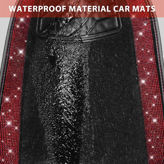 Bling Diamond Car Floor Mats, Shining Rhinestone Carpet Sparkly Glitter Crystal with Anti-Slip PVC Heel Pad Waterproof Universal Fit Automotive SUV,Sedan,Van,Cute Girl Women,4pcs Black Red