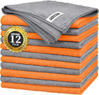 Microfiber Cleaning Cloth -Pack of 12, Highly Absorbent Cleaning Rags(Grey&Orange), 16"X12" All Purpose Cleaning Towels for Housekeeping, Kitchen, Car, Reusable Microfiber Towels