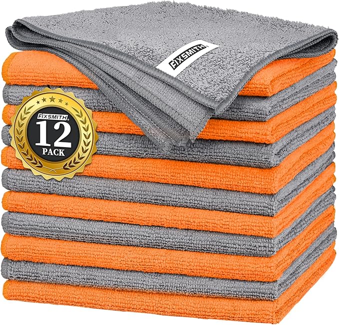 Microfiber Cleaning Cloth -Pack of 12, Highly Absorbent Cleaning Rags(Grey&Orange), 16"X12" All Purpose Cleaning Towels for Housekeeping, Kitchen, Car, Reusable Microfiber Towels