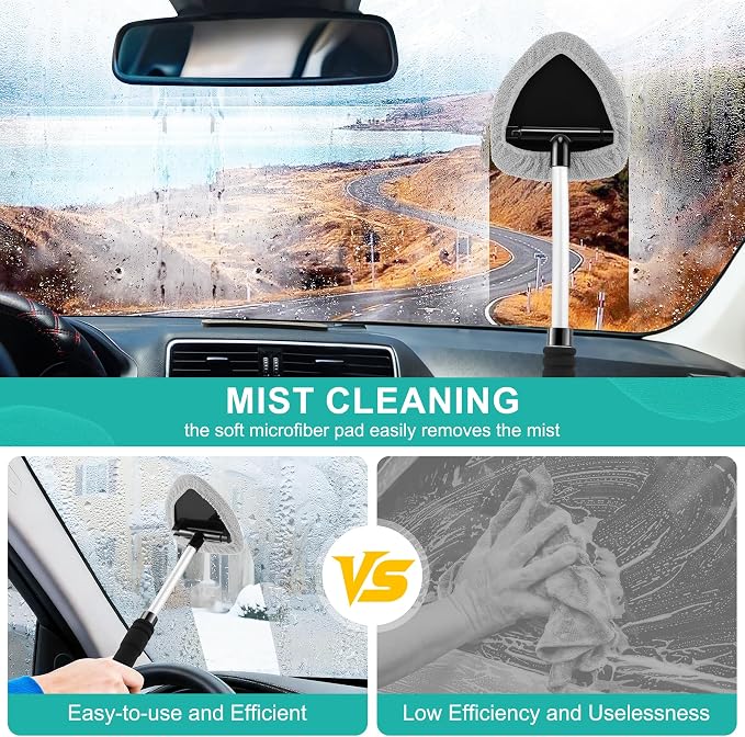 Windshield Cleaner Tool, Car Interior&Exterior Window Cleaning Tool with Extendable Handle & 4 Reusable Microfiber Pads, Auto Glass Wiper Brush Kit for Cars (Grey)