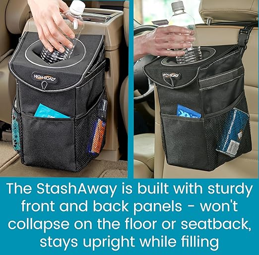 StashAway Heavy Duty Car Trash Can with Rubber Lid, 3 Storage Pockets and Sturdy Panels for Stable Floor or Hanging Seatback Use (Black)