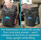 StashAway Heavy Duty Car Trash Can with Rubber Lid, 3 Storage Pockets and Sturdy Panels for Stable Floor or Hanging Seatback Use (Black)
