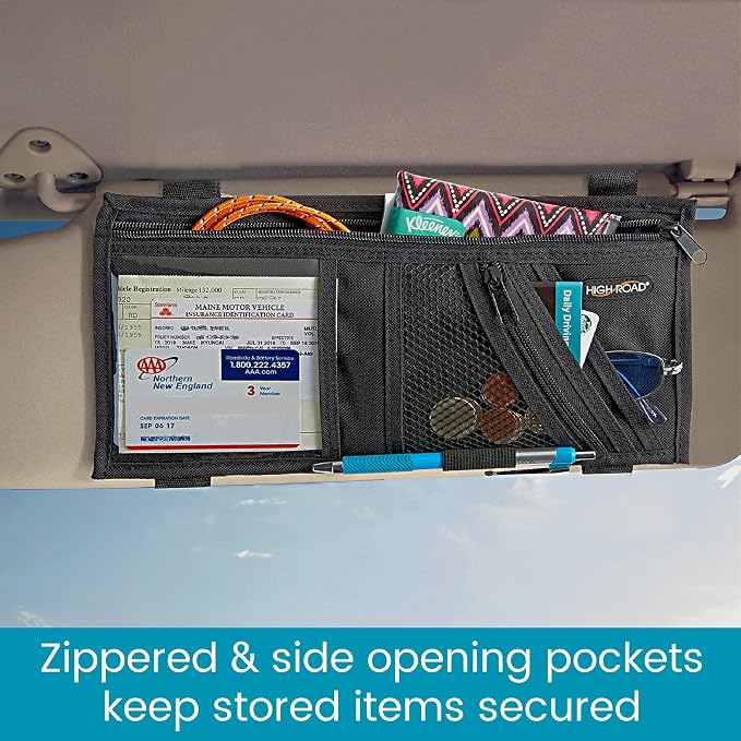 Car Visor Organizer with Secure Zip Pockets, Sunglasses Holder and Clear Registration and Insurance Pocket - Heavy Duty Straps Fit Most Car, SUV and Truck Visors (6)