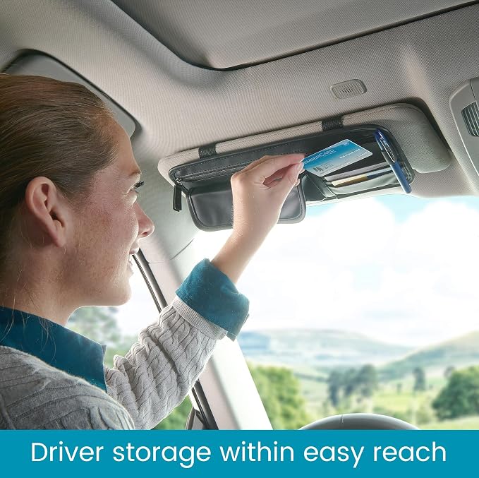 Sun Visor Organizer with Sunglass Holder for Car - Faux Leather Glasses Holder for Car or Truck with Card Pockets and Zippered Compartment for Documents and Receipts