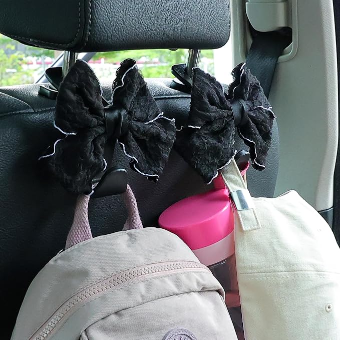 Car Seat Headrest Hook Cute Bowknot Vehicle Hanger Car Storage Organizer for Handbag Purse Coat Grocery Bag Puff Black