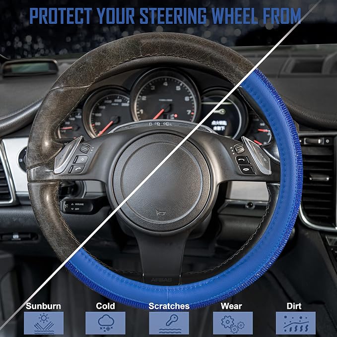 Bling Diamond Leather Steering Wheel Cover, with Bling Sparkly Crystal Glitter Rhinestones Universal Fit 14" 1/2-15" Car Wheel Protect for Women Girl Fit Suvs,Vans,Sedans,Cars,Trucks, Blue