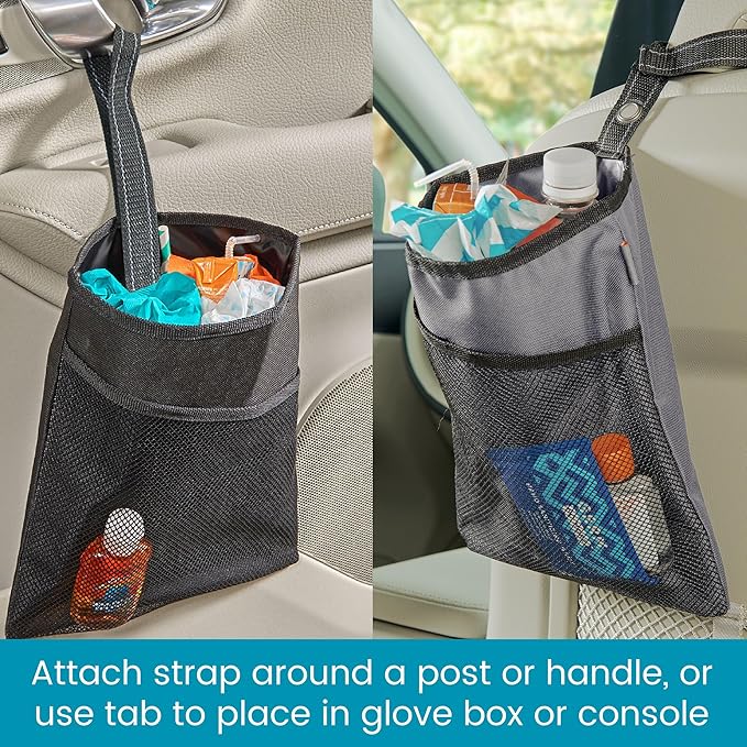 TrimTrash Hanging Car Garbage Bag - Slim and Leakproof Car Trash Bag with Magnetic Closure and Storage Pocket - Attaches to Seat, Glovebox or Console