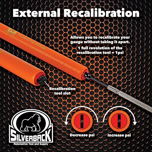 Silverback Hi-Visibility Orange Dual Foot Commercial Truck Tire Pressure Gauge, Recalibratable. Heavy Duty Stick Gauge with Black Metal Bar, Range 10-150 PSI in 2 PSI Increments.