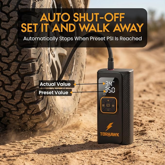 Portable Tire Inflator Air Compressor for Car Tires, Dual Cylinder, Cordless Air Pump for Car, Truck, SUV, 160 PSI, Dual Power, 7500mAh Battery, 12V DC, LED Light & Auto Shut-Off
