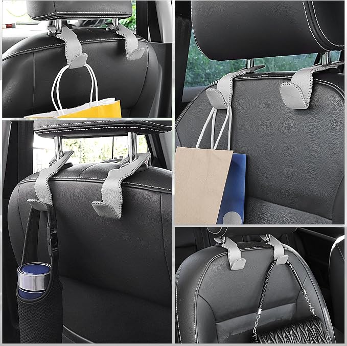 Gray Superior Leather Car Seat Back Headrest Hook, Auto Seat Hook Hangers Interior Accessories for Purse Coats Umbrellas Grocery Bags Handbag, 2-Pack