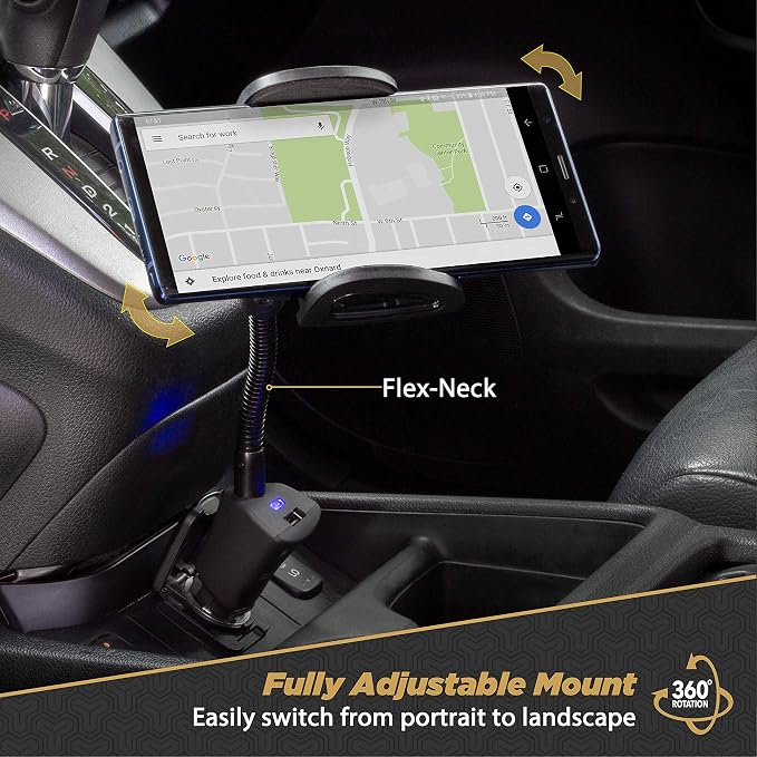Universal 12V Car Phone Mount with USB Charger, Phone Holder with Cigarette Lighter Adapter for 12V Socket Plug-In, Flexible Gooseneck, Adjustable Cradle for iPhone & Android Cell Phones