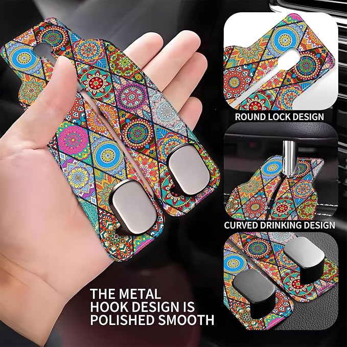Purse Hook for Car Vintage Boho Mandala Flowers 1 Pack Headrest Back Seat Hook Premium Leather Double Metal Hanger Storage Pack Bag Purse Holder Car Accessories