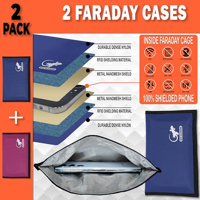 Faraday Bag Anti-Tracking GPS RFID Car Key Signal Blocker Wallet Shielding Pouch Protective Case for Cell Phone Car Key FOB, Data Privacy, Electronic Device Security (2 PACK - BLUE AND PINK)