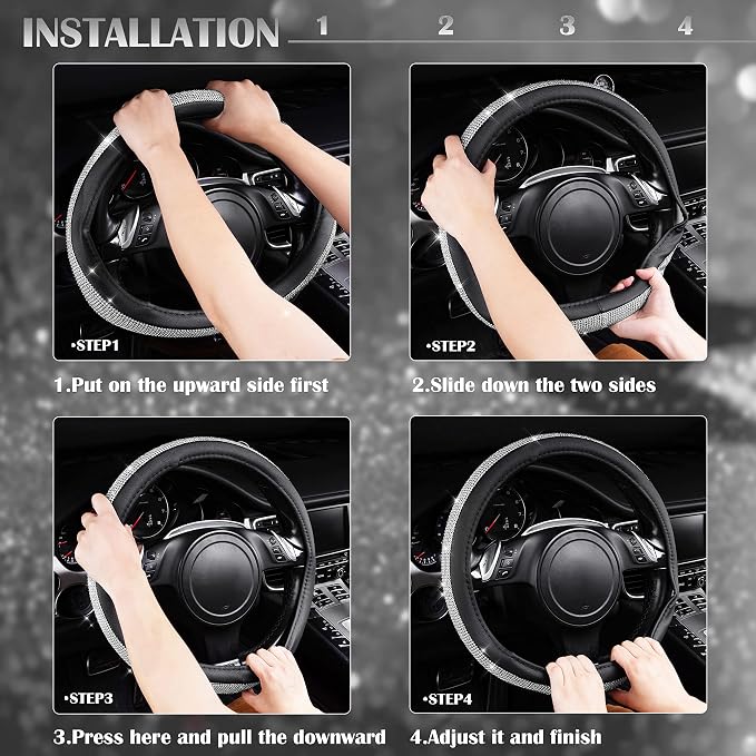 Bling Silver Diamond Leather Steering Wheel Cover, with Sparkly Crystal Glitter Rhinestone Universal Fit 13" 1/2-14" Small Car Wheel Protector for Women Girl Fit Car,SUV,Van,Sedan, Silver