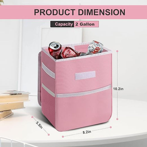 2 Gallon Car Trash Can Lid and Storage Pockets, Leak-Proof Collapsible and Portable Organizer, Multipurpose Garbage Bin with Adjustable Straps, Pink