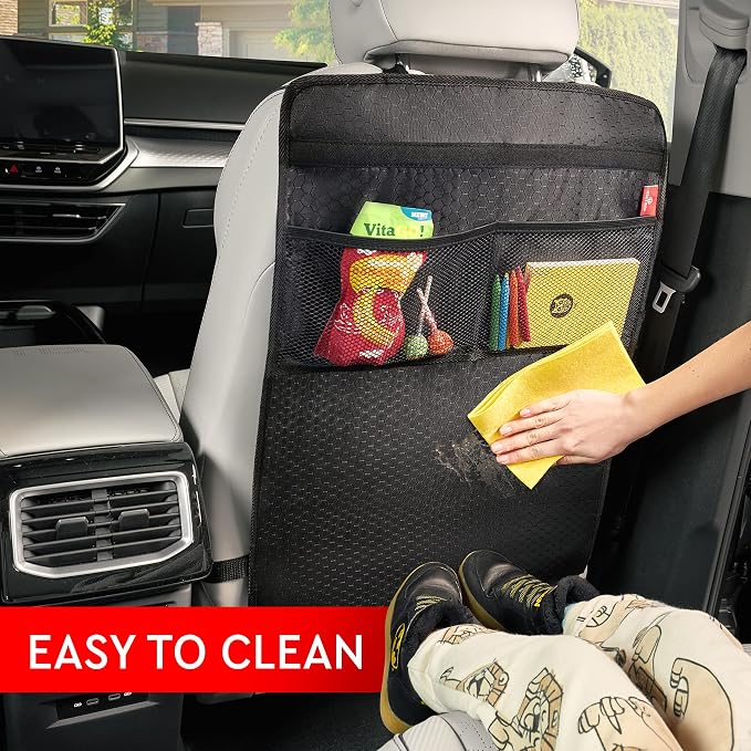 Back Seat Protector for Car, 2 Pack Premium Kick Mats for Kids, Extra Large Car Seat Cover for Backseat with Mesh Pockets, Waterproof Dirt & Mud Protection, Black
