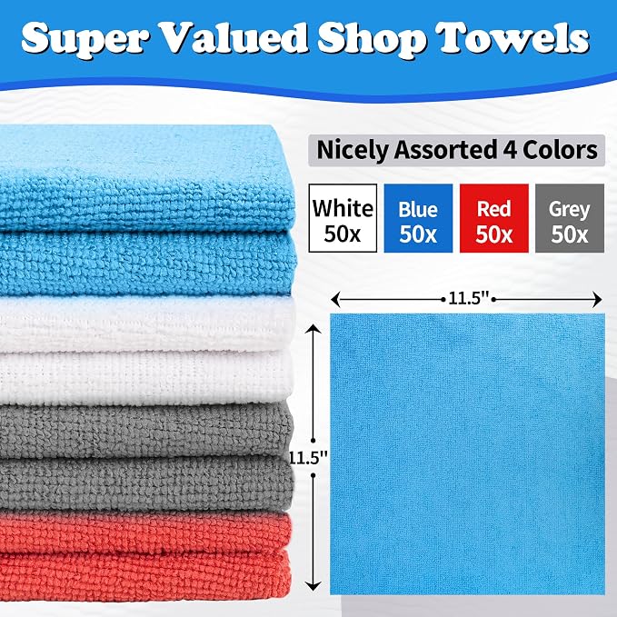 Shop Towels, Microfiber Cleaning Cloth Bulk, 200 Pack Microfiber Towels for Cars, All-Purpose Absorbent Cleaning Rags, Dust Cloth for Automotive, Mechanic, Garage, Bar, 11.5 x 11.5 inch