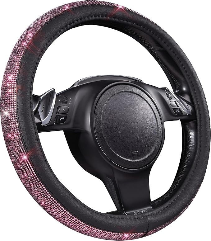 Bling Diamond Leather Steering Wheel Cover, Bling Sparkly Crystal Glitter Rhinestones Universal Fit 14" 1/2-15" Car Wheel Protect for Women Girl Fit Suvs,Vans,Sedans,Cars,Trucks, Pink Black