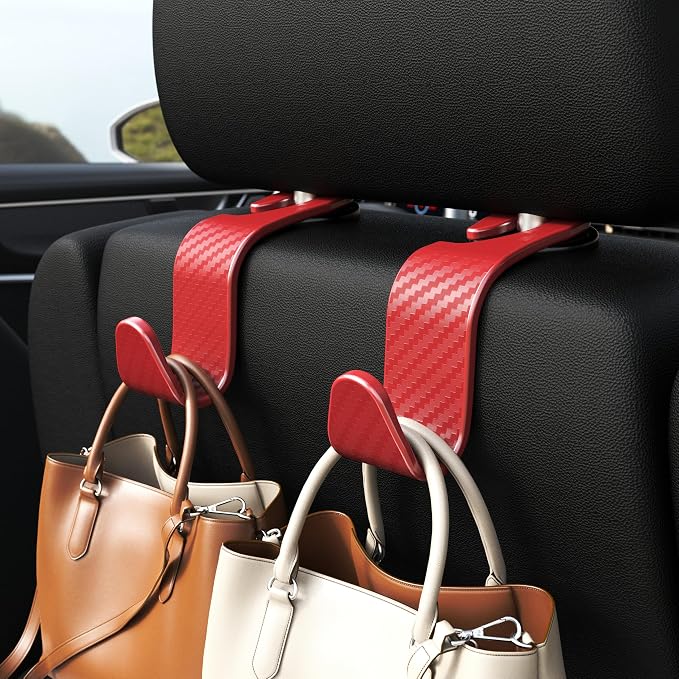 Car Seat Headrest Hook 4 Pack Hanger Universal Vehicle Car Storage Organizer for Handbag Purse Coat S Type Checkered Red