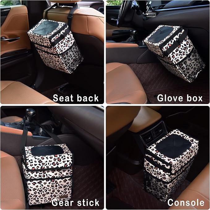 Cute Car Trash Can with Lid – Multipurpose Collapsible Trash Bin for Car, Leak-Proof Organizer, Waterproof Garbage Can with Storage Pockets & Adjustable Straps, 2 Gallons (Leopard Print)