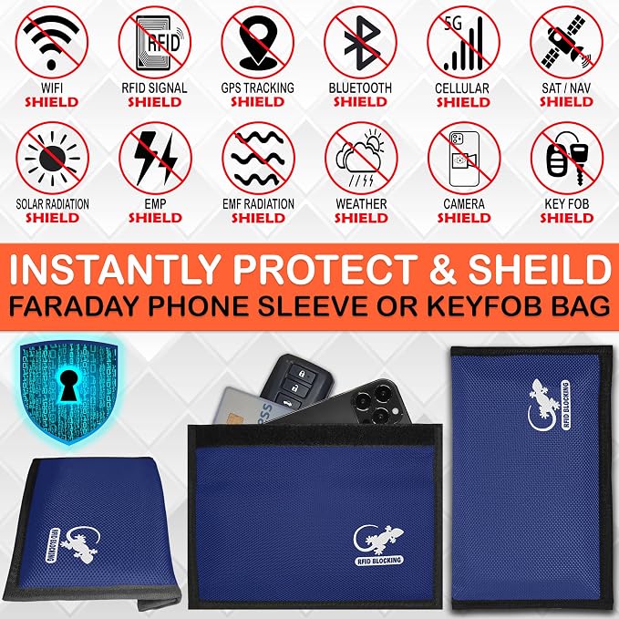 Blue Nylon Faraday Bag - Signal Blocker for Cell Phone, Car Key FOB, Data Privacy (BLUE - NYLON)