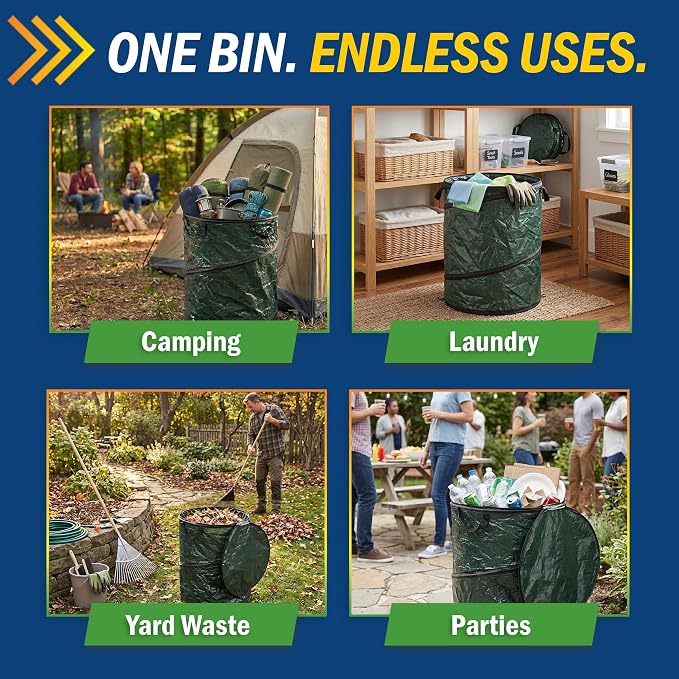 29.5-Gallon Pop up Outdoor Garbage Can Set - Set of 2 Collapsible Trash Cans for Parties, Yard Waste, or Laundry - Camping Accessories by