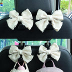 Car Seat Headrest Hook Cute Bowknot Vehicle Hanger Car Storage Organizer for Handbag Purse Coat Grocery Bag Puff Ivory