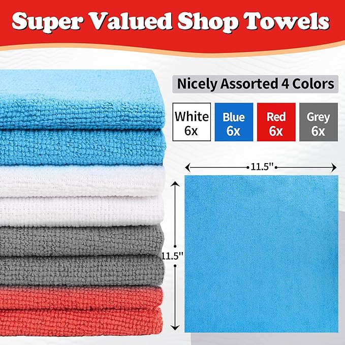 Shop Towels, Microfiber Cleaning Cloth Bulk, 24 Pack Microfiber Towels for Cars, All-Purpose Absorbent Cleaning Rags, Dust Cloth for Automotive, Mechanic, Garage, Bar, 11.5 x 11.5 inch