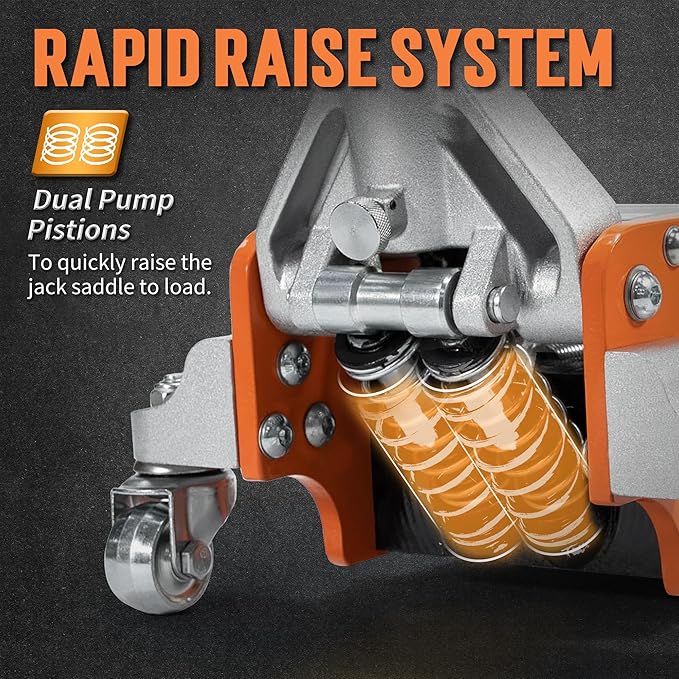 Floor Jack, 3 Ton Aluminum and Steel Low Profile Hydraulic Car Jack with Dual Pump System, Rapid Lift, Orange