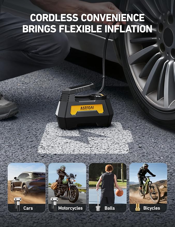 H2 Pro Cordless Tire Inflator Portable Air Compressor Tire Pump with DC 12V & Battery Dual Power Supply Digital Pressure Gauge Fast Inflation Air Pump for Car Tires Motorcycles Bikes Yellow