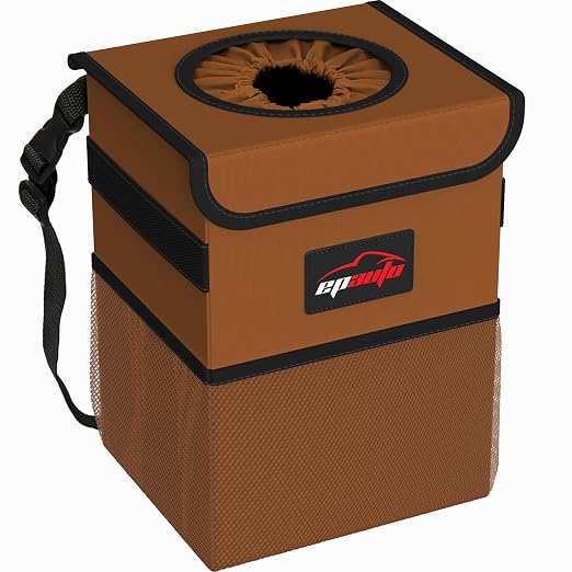Waterproof Car Trash Can with Lid and Pockets, 2.5 Gal, Brown | Leakproof, Collapsible Multipurpose Car Bin with 3 Side Storage Pockets, Adjustable Straps