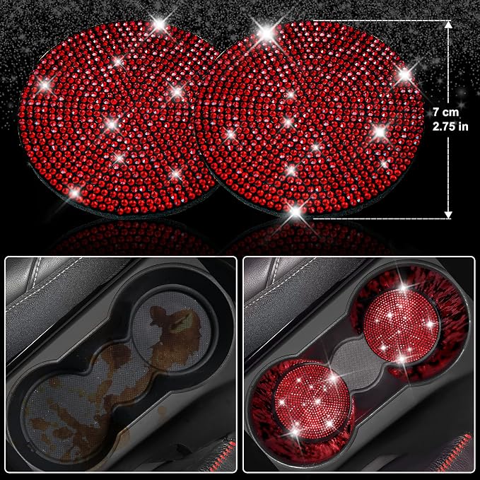 11 PCS Bling Red Steering Wheel Cover Set for Women, Sparkly Rhinestone Diamond Bling Seat Belt Cushion, Glitter Shift Knob Cover, Car Cup Holder Coaster, Cute Interior Sets Red 14.5"-15"