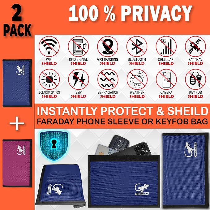 Faraday Bag Anti-Tracking GPS RFID Car Key Signal Blocker Wallet Shielding Pouch Protective Case for Cell Phone Car Key FOB, Data Privacy, Electronic Device Security (2 PACK - BLUE AND PINK)
