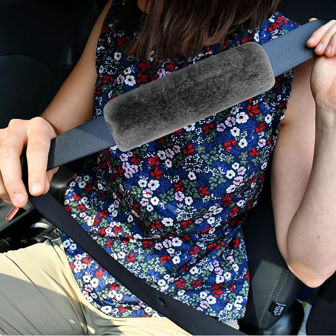 Authentic Sheepskin Seatbelt Cover Real Wool Car Truck SUV Airplane Seat Belt Shoulder Pad for Carmera Backpack Straps Neck Cushion Protector 2 Pack Dark Grey