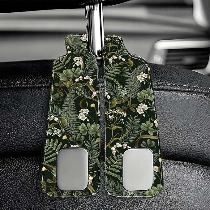 Purse Hook for Car White Flowers Berries and Leaves 1 Pack Headrest Back Seat Hook Premium Leather Double Metal Hanger Storage Pack Bag Purse Holder Car Accessories