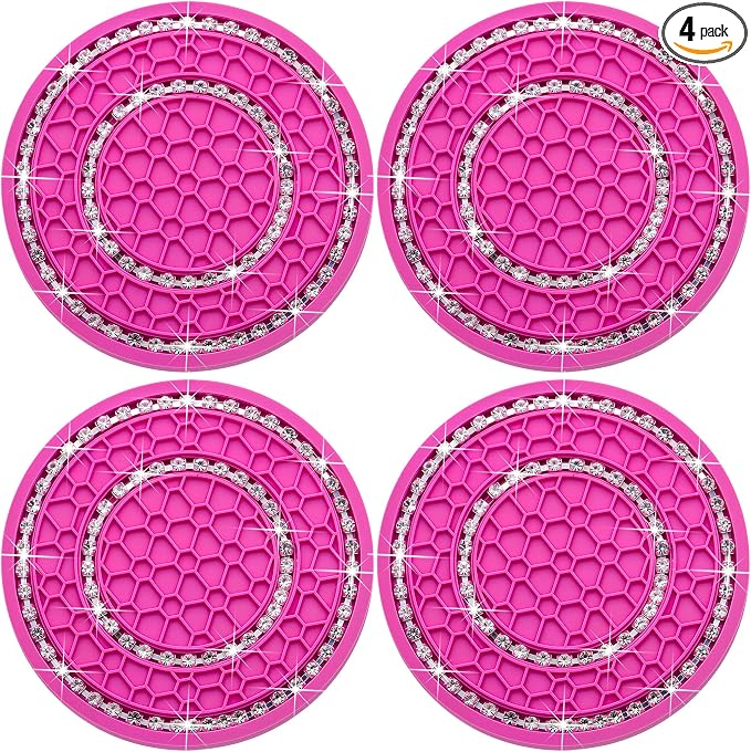 4PCS Bling Crystal Rhinestone Cup Holder Coaster, 2.75 inch Soft Silicone Anti-Slip Shockproof, Car Cup Holder Insert Coasters, Universal Car Interior Accessories for Women (Rose Red & White)