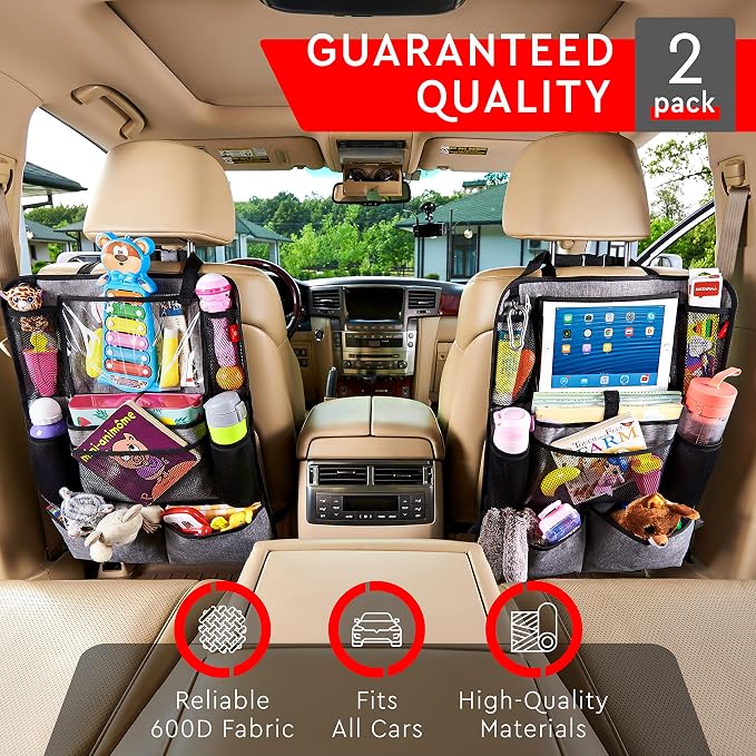 Backseat Car Organizer, Kick Mats Back Seat Protector with Touch Screen Tablet Holder, Organizer for Kids, Travel Accessories, Mat 9 Storage Pockets 2 Pack