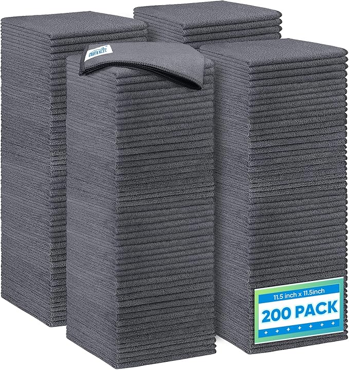 Grey Microfiber Cleaning Cloth 200 Pack, 11.5 x 11.5 inch Bulk Shop Towels | Reusable Cleaning Rags for Cars, Kitchen, Window, Garage and House, Ultra Absorbent, Lint Free, Streak Free