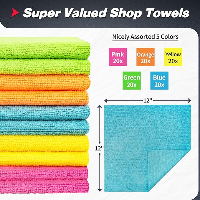 Microfiber Cleaning Cloth, 100 Pack Shop Towels, Micro Fiber Cloth for Cleaning Car, All-Purpose Absorbent Cleaning Rags for Housekeeping, Dust Cloth for Office, Car Wash Towels, 12inx12in