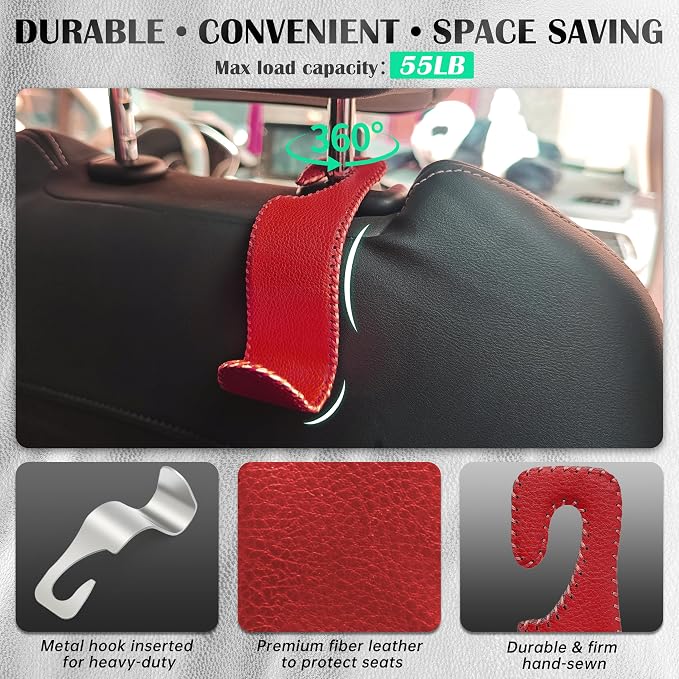 Car Seat Headrest Hook Universal Vehicle Storage Hanger Leather with Metal Car Seat Back Organizer for Handbag Purse Coat Wine 2 Pack