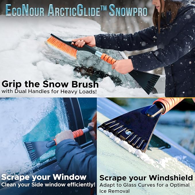 27" Car Snow Brush and Ice Scrapers for Car Windshield (Orange - 2 Pack) | Scratch Free Bristle Head Snow Brush & Tough Window Snow Scraper with Aluminium Body