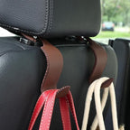 Car Seat Headrest Hook 4 Pack Metal Core Hanger Universal Car Storage Organizer for Handbag Purse Coat S Type Leather Brown