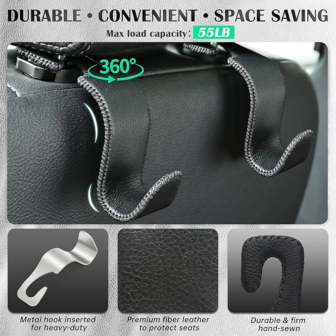 Car Seat Headrest Hook Universal Vehicle Storage Hanger Leather with Metal Car Seat Back Organizer for Handbag Purse Coat Black 4 Pack