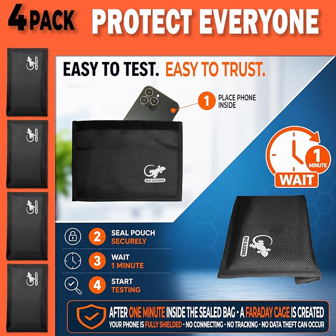 Faraday Bag Anti-Tracking GPS RFID Car Key Signal Blocker Wallet Shielding Pouch Protective Case for Cell Phone Car Key FOB, Data Privacy, Electronic Device Security (4 PACK - BLACK)