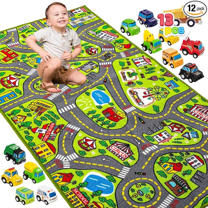 Kids Play Rugs - 12 Pull-Back Vehicle Set - Durable Carpet Playmat Rug - City Pretending Play - Toddler Car Track Rug