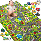Kids Play Rugs - 12 Pull-Back Vehicle Set - Durable Carpet Playmat Rug - City Pretending Play - Toddler Car Track Rug