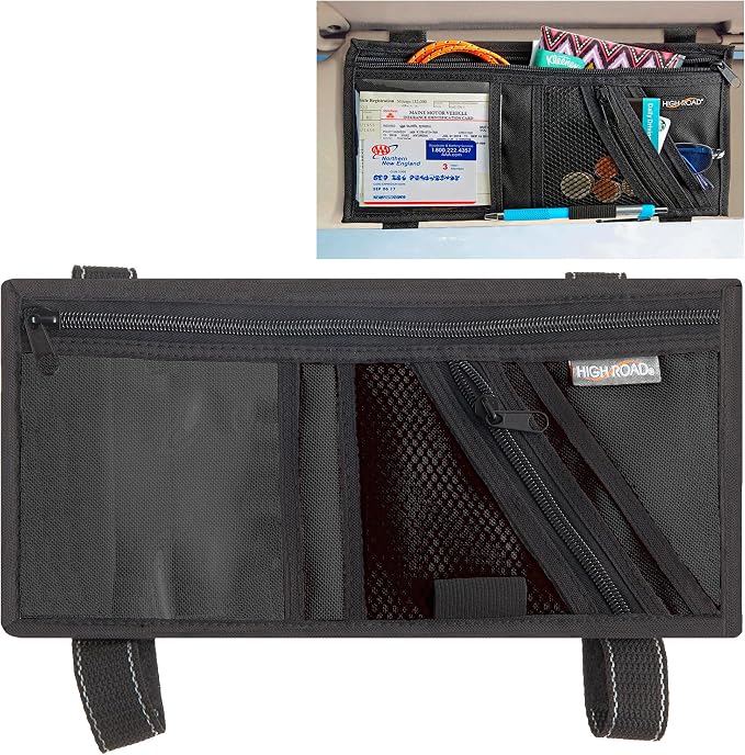 Car Visor Organizer with Secure Zip Pockets, Sunglasses Holder and Clear Registration and Insurance Pocket - Heavy Duty Straps Fit Most Car, SUV and Truck Visors
