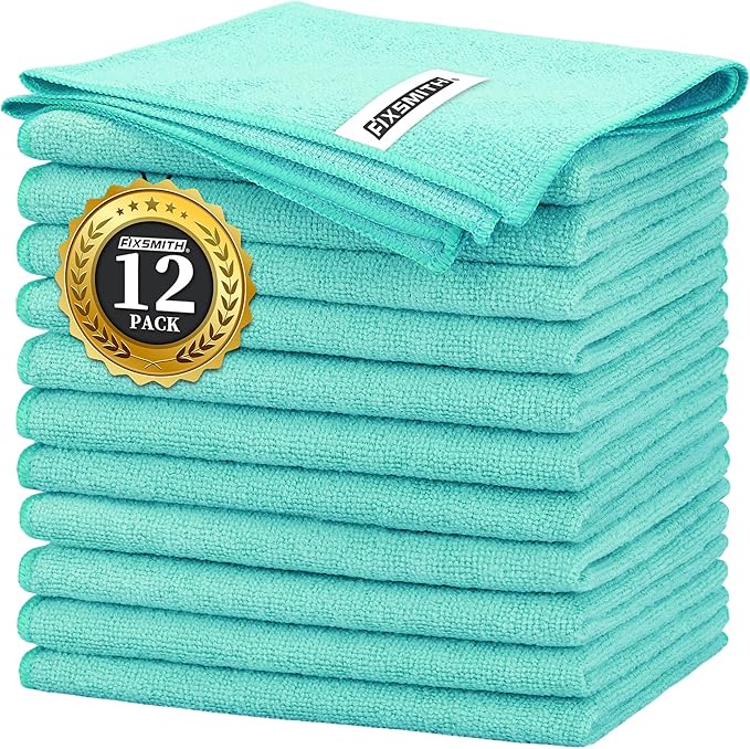 Turquoise Microfiber Cleaning Cloth -Pack of 12, Highly Absorbent Cleaning Rags, 16"X12" All Purpose Cleaning Towels for Housekeeping, Kitchen, Car, Lint Free and Reusable Microfiber Towels