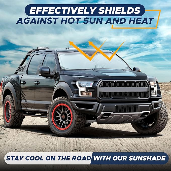 Truck Windshield Sun Shade with Storage Pouch | Reflective 240T Material Sun Shield for UV & Heat Protection | Foldable Windshield Cover | Must-Have Truck Accessories | X-Large (69"x35")