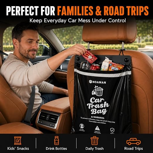 50PCS 1 Pack Car Trash Bags, 2.5 Gal Disposable Garbage Bags for Car, SUV, Truck and RV, Leak-Resistant Odor-Control Bags, Stick-On or Headrest Mount, Alternative to Car Trash Can, Black